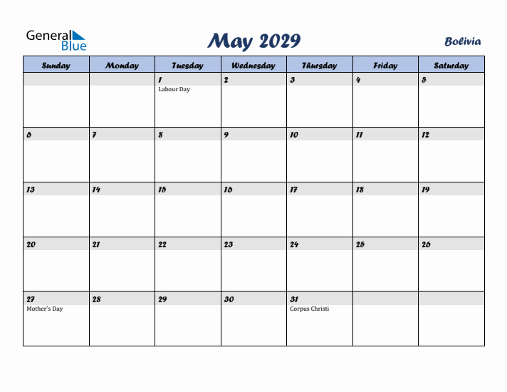 May 2029 Calendar with Holidays in Bolivia