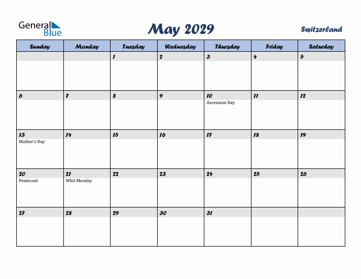 May 2029 Calendar with Holidays in Switzerland