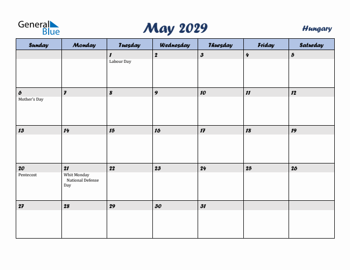 May 2029 Calendar with Holidays in Hungary