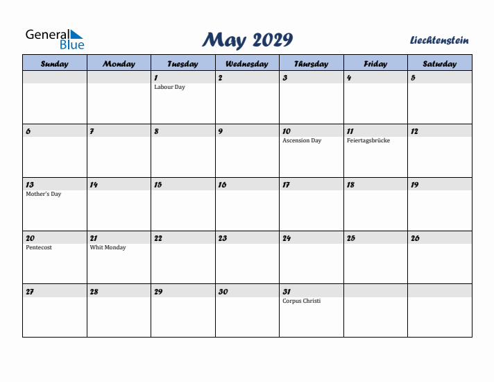 May 2029 Calendar with Holidays in Liechtenstein