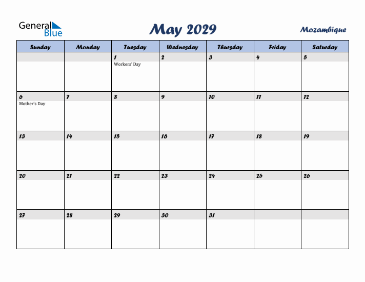 May 2029 Calendar with Holidays in Mozambique