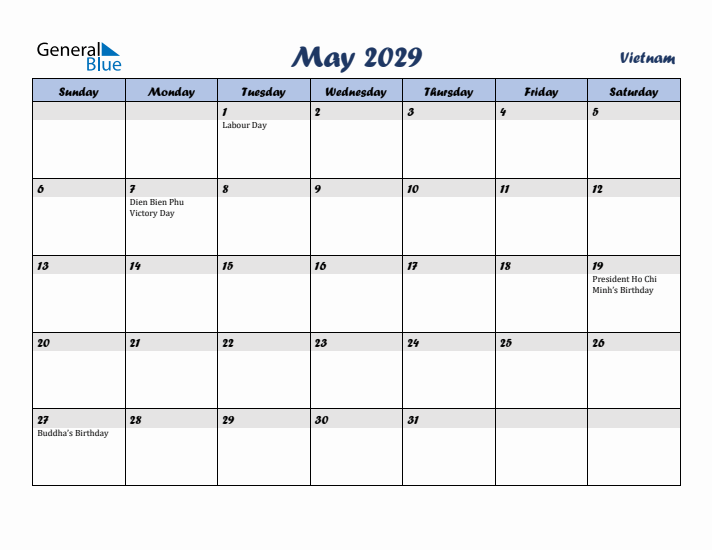 May 2029 Calendar with Holidays in Vietnam