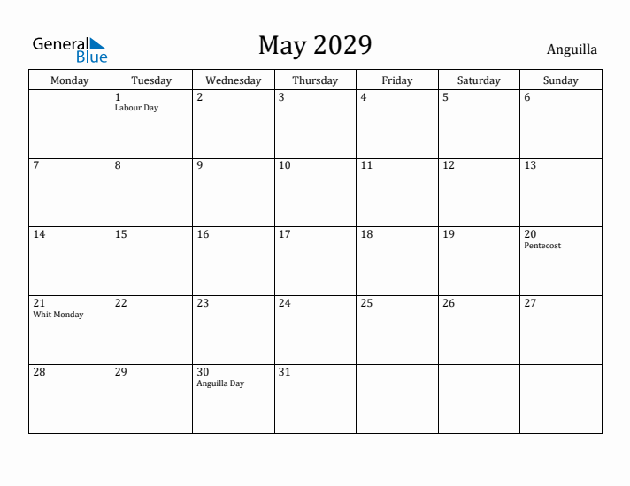 May 2029 Calendar Anguilla