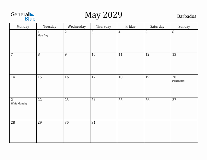 May 2029 Calendar Barbados