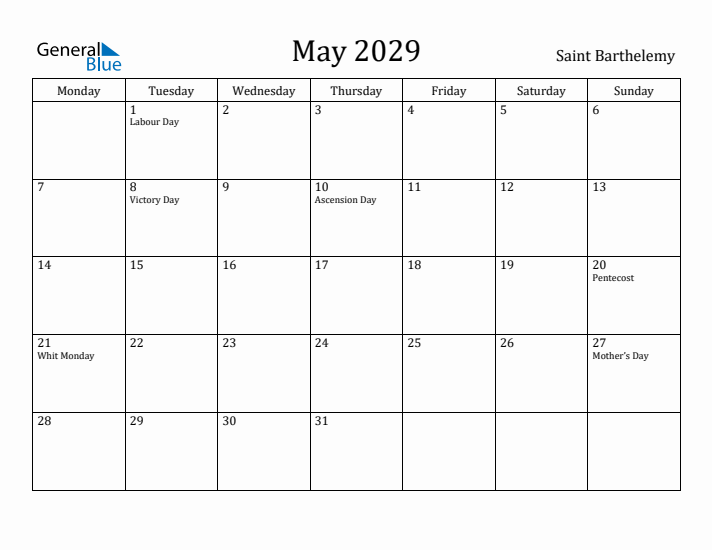 May 2029 Calendar Saint Barthelemy