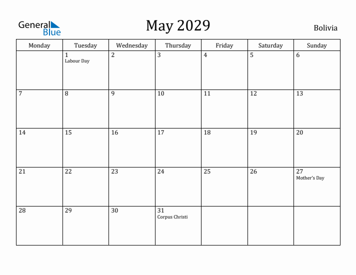 May 2029 Calendar Bolivia