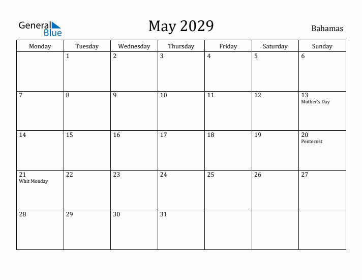 May 2029 Calendar Bahamas