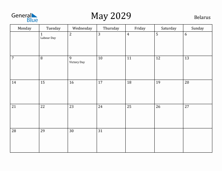 May 2029 Calendar Belarus