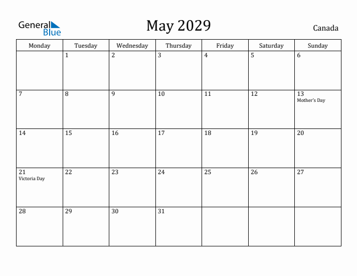 May 2029 Calendar Canada