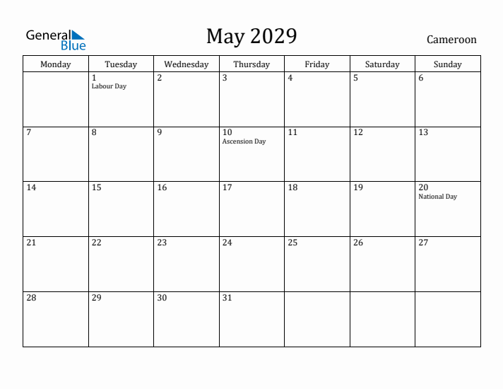 May 2029 Calendar Cameroon