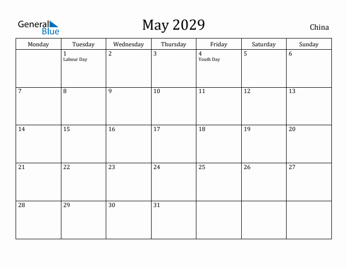 May 2029 Calendar China