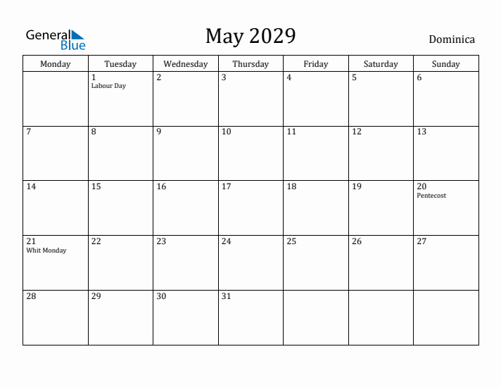 May 2029 Calendar Dominica