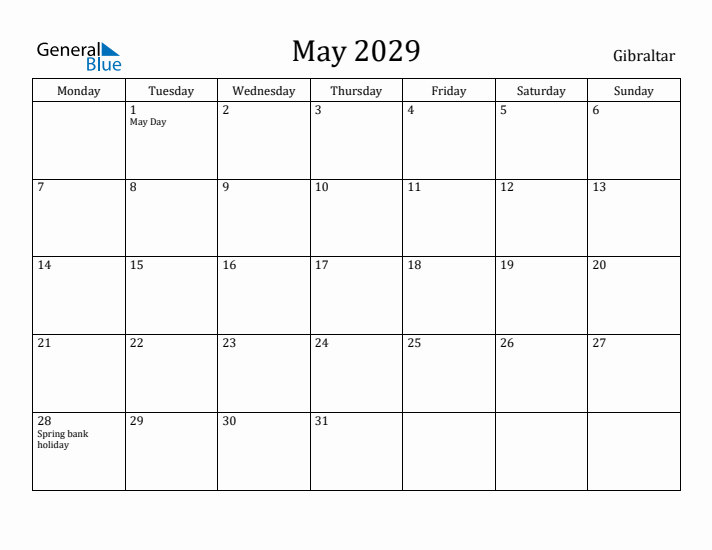 May 2029 Calendar Gibraltar