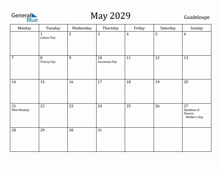 May 2029 Calendar Guadeloupe