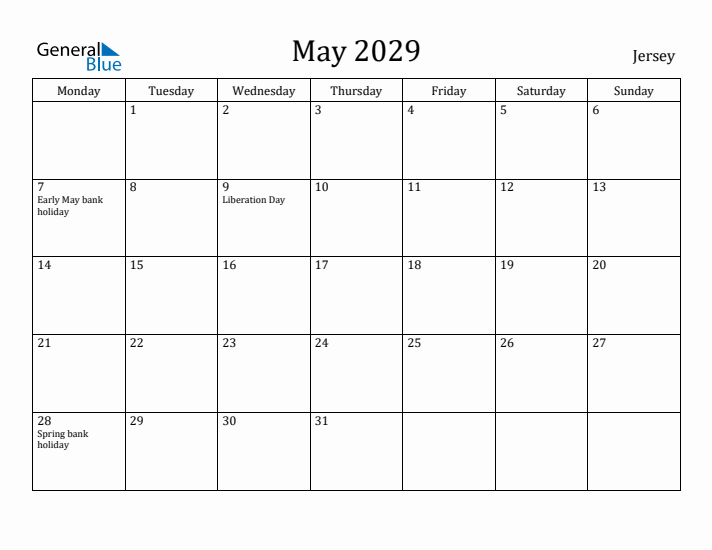 May 2029 Calendar Jersey