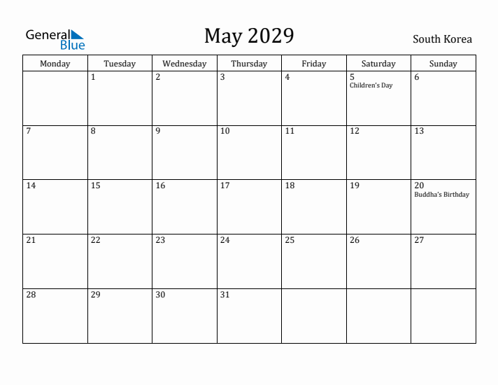 May 2029 Calendar South Korea