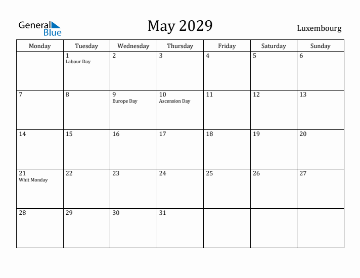 May 2029 Calendar Luxembourg