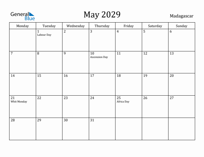 May 2029 Calendar Madagascar