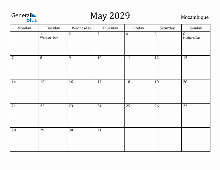 May 2029 Calendar Mozambique