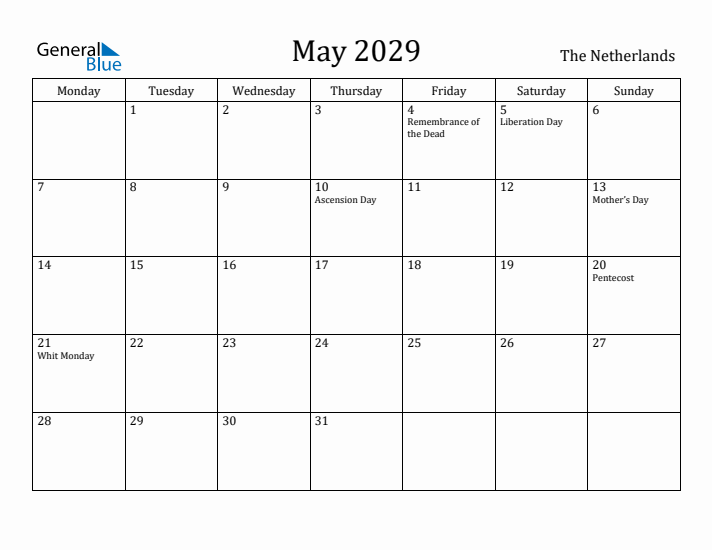 May 2029 Calendar The Netherlands