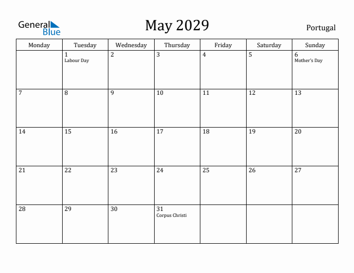 May 2029 Calendar Portugal