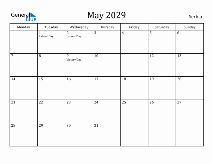 May 2029 Calendar Serbia