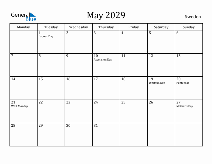 May 2029 Calendar Sweden