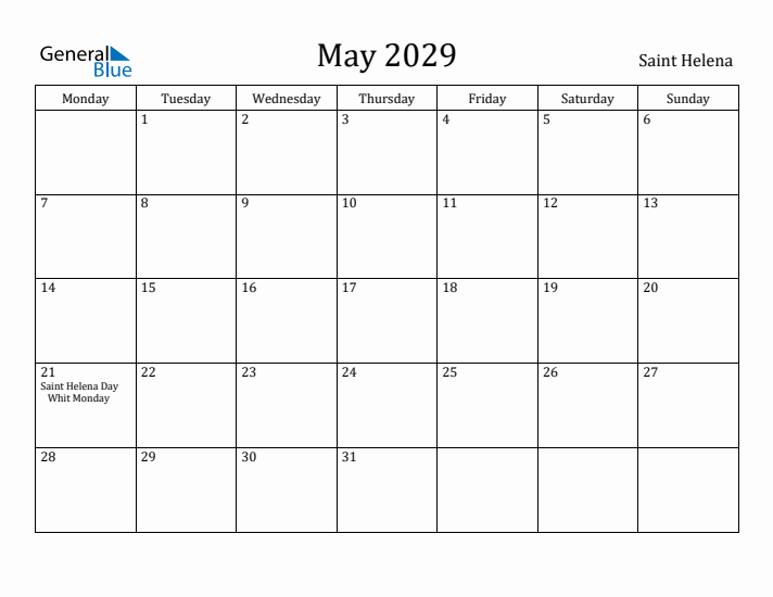 May 2029 Calendar Saint Helena