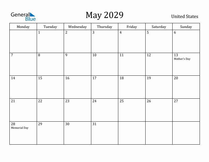 May 2029 Calendar United States