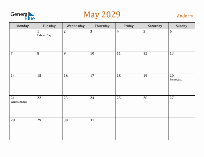 May 2029 Holiday Calendar with Monday Start