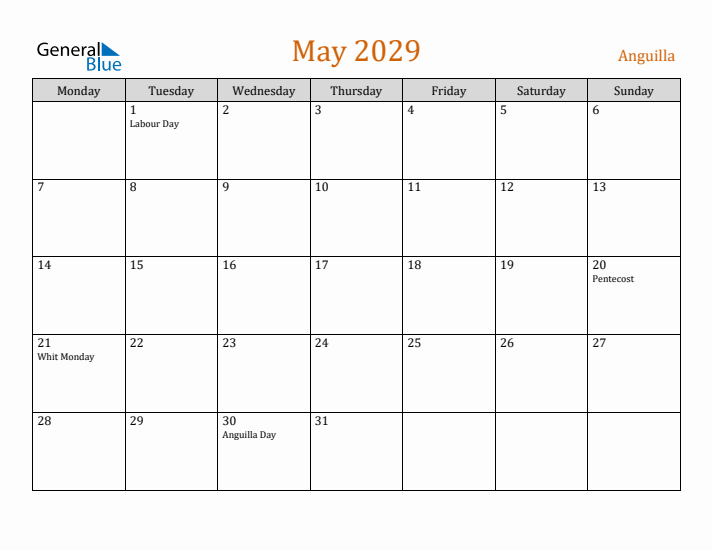 May 2029 Holiday Calendar with Monday Start