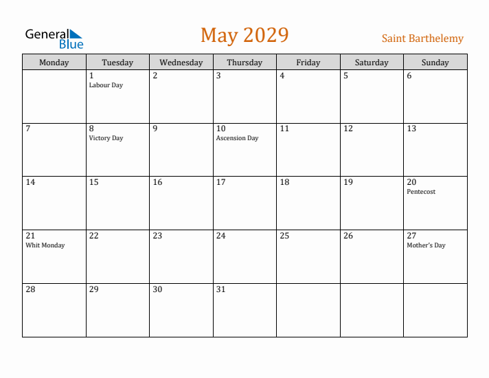 May 2029 Holiday Calendar with Monday Start