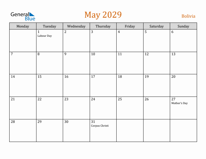 May 2029 Holiday Calendar with Monday Start