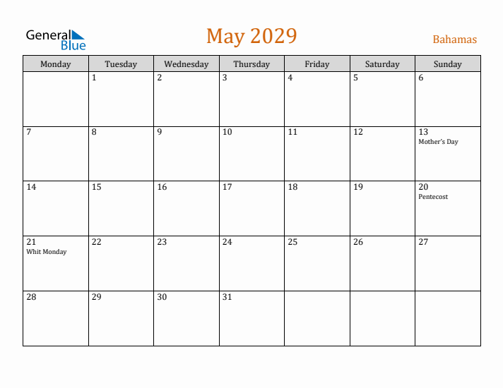 May 2029 Holiday Calendar with Monday Start