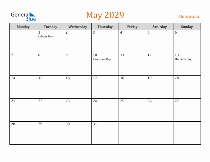 May 2029 Holiday Calendar with Monday Start