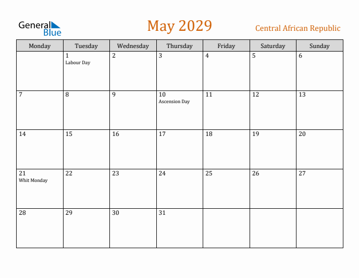 May 2029 Holiday Calendar with Monday Start