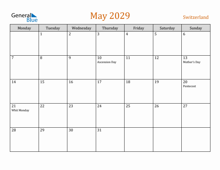 May 2029 Holiday Calendar with Monday Start