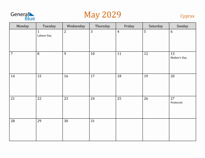 May 2029 Holiday Calendar with Monday Start