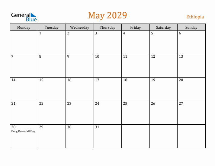 May 2029 Holiday Calendar with Monday Start