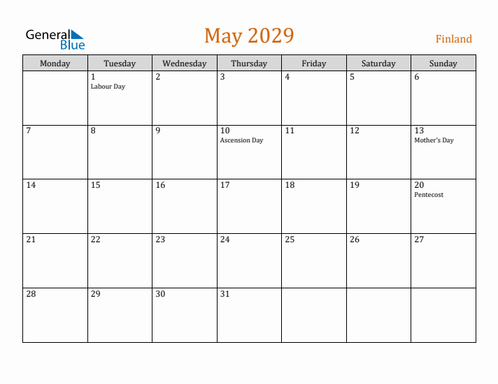 May 2029 Holiday Calendar with Monday Start