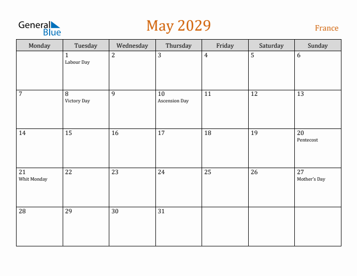 May 2029 Holiday Calendar with Monday Start