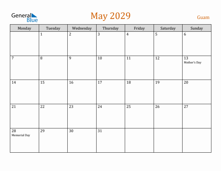 May 2029 Holiday Calendar with Monday Start