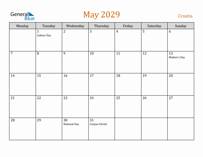 May 2029 Holiday Calendar with Monday Start