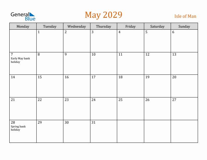 May 2029 Holiday Calendar with Monday Start