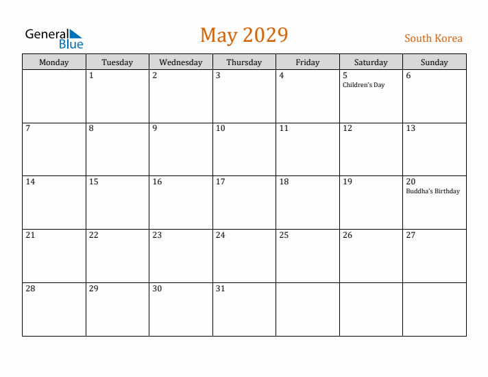 May 2029 Holiday Calendar with Monday Start