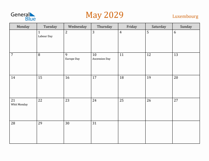 May 2029 Holiday Calendar with Monday Start