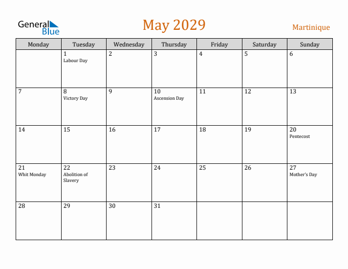 May 2029 Holiday Calendar with Monday Start