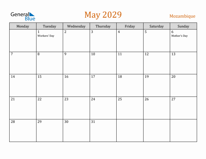 May 2029 Holiday Calendar with Monday Start