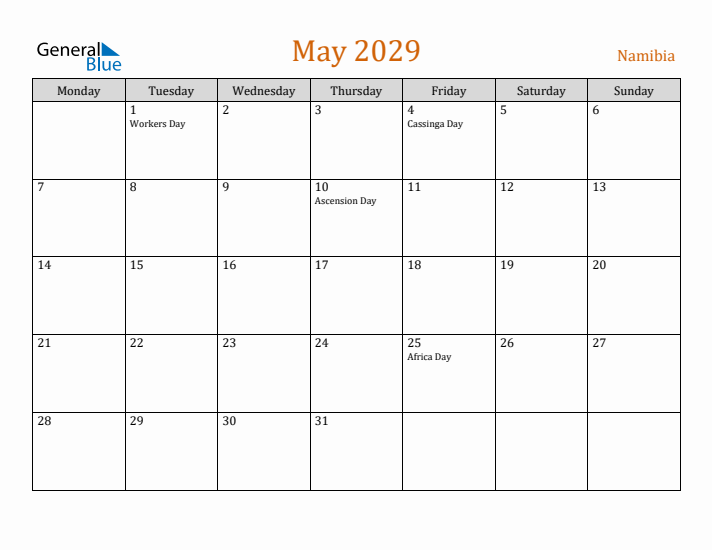 May 2029 Holiday Calendar with Monday Start