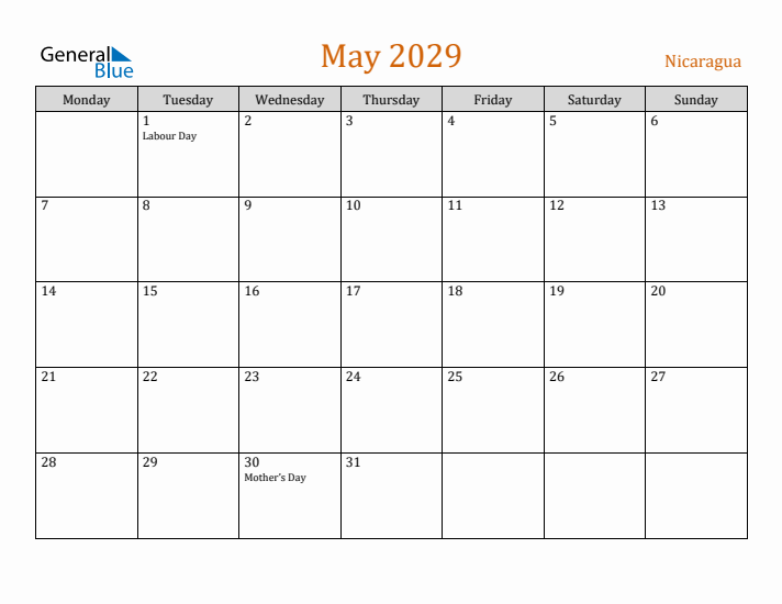 May 2029 Holiday Calendar with Monday Start